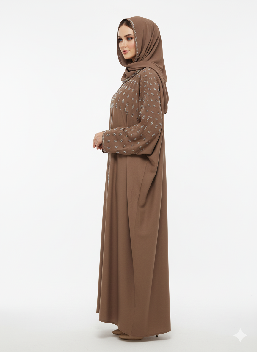 Glamoura X Brown Abaya | Silver Embellished Hood & Shoulders | Batwing Silhouette Modest Dress