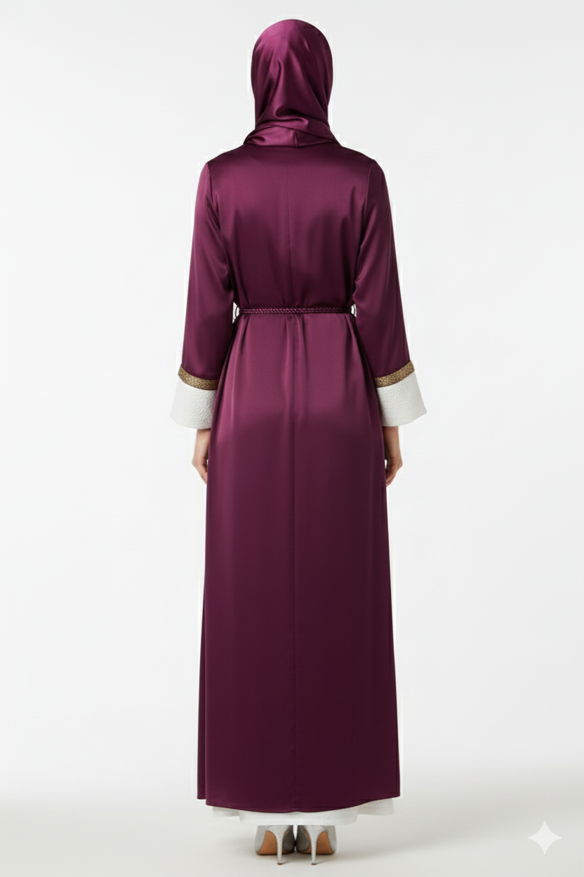 Glamoura X Wine Satin Abaya | Gold Piping & White Contrast Cuffs | Regal Tasseled Belt Luxury Evening Wear