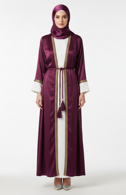 Glamoura X Wine Satin Abaya | Gold Piping & White Contrast Cuffs | Regal Tasseled Belt Luxury Evening Wear
