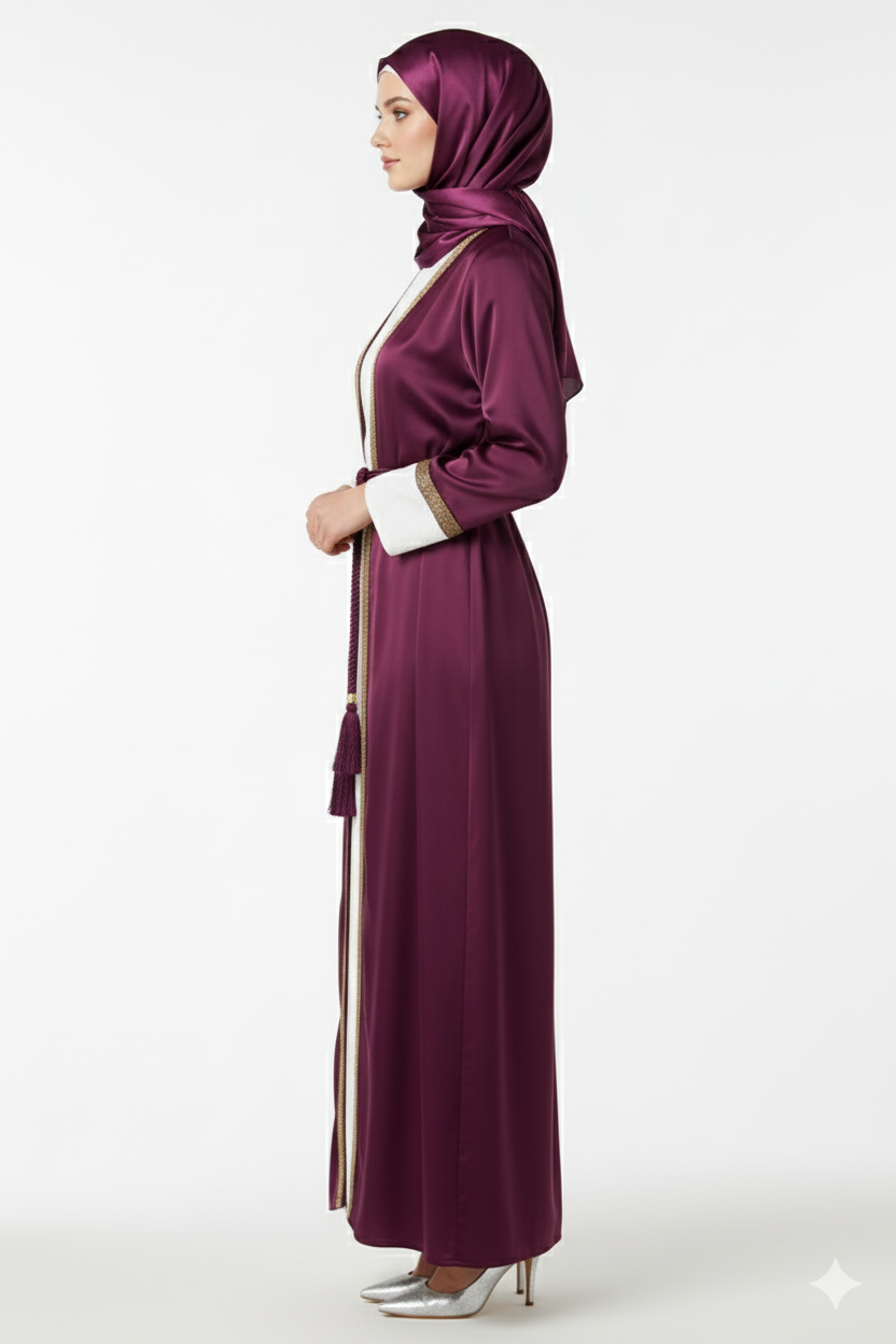 Glamoura X Wine Satin Abaya | Gold Piping & White Contrast Cuffs | Regal Tasseled Belt Luxury Evening Wear