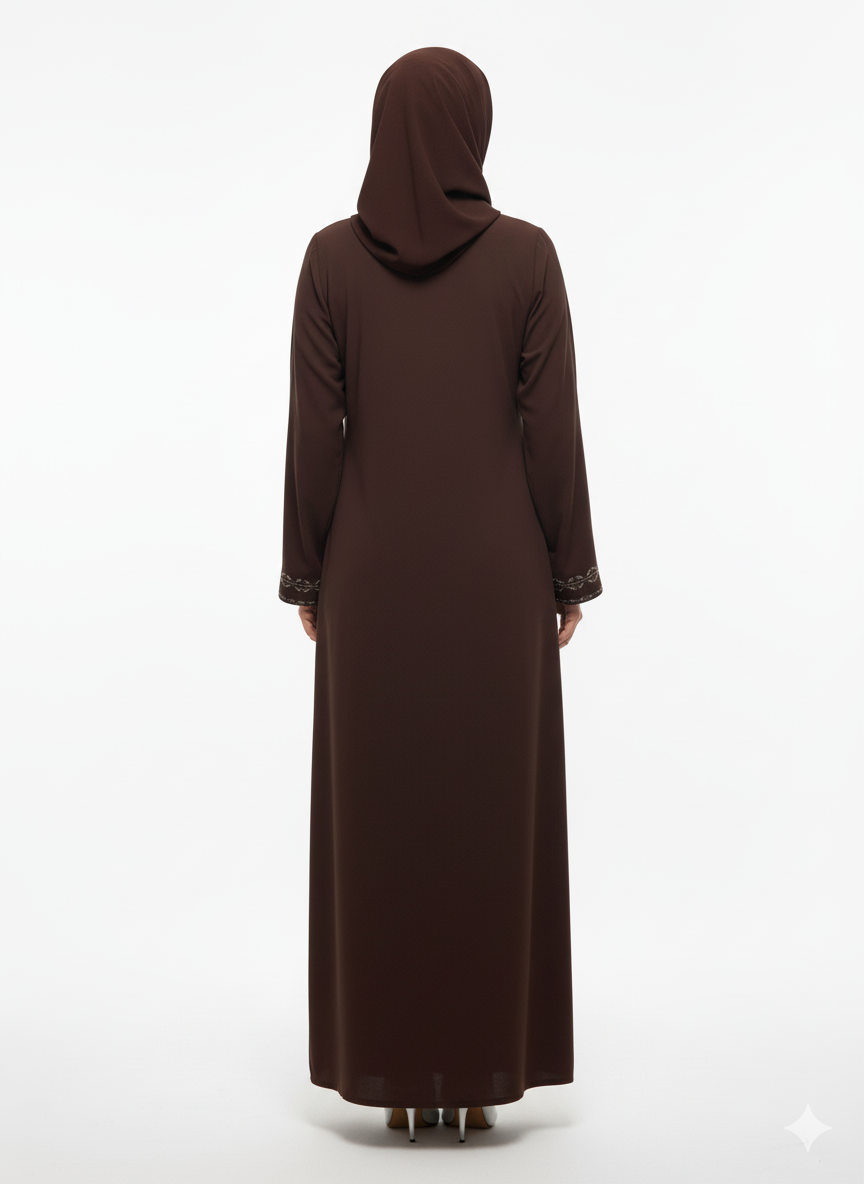 Cocoa Brown Chiffon & Satin Abaya | Glamoura X Slim-Fit A-Line | Artisan Vertical Embellishment Modest Dress