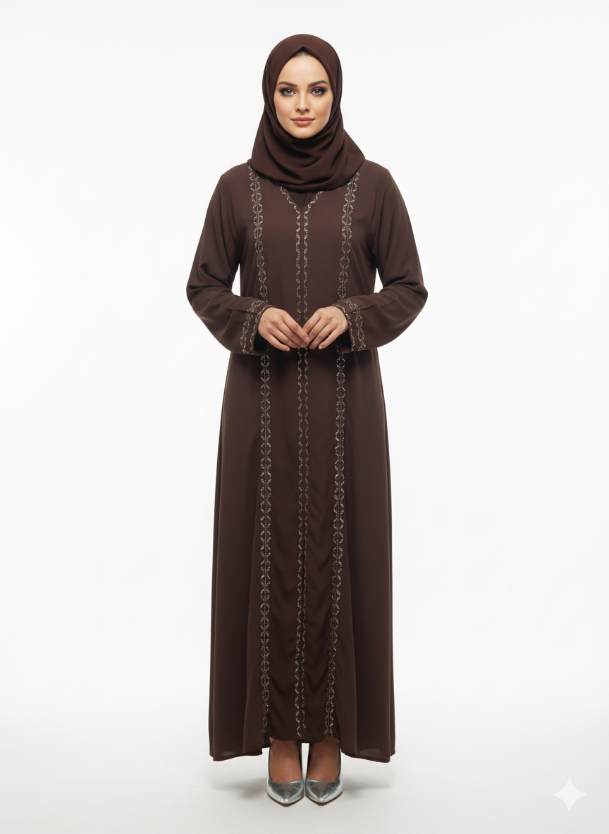 Cocoa Brown Chiffon & Satin Abaya | Glamoura X Slim-Fit A-Line | Artisan Vertical Embellishment Modest Dress