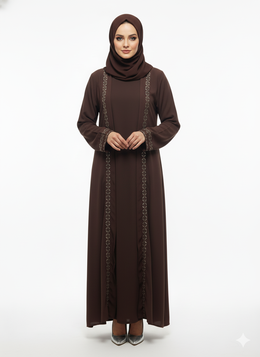 Cocoa Brown Chiffon & Satin Abaya | Glamoura X Slim-Fit A-Line | Artisan Vertical Embellishment Modest Dress