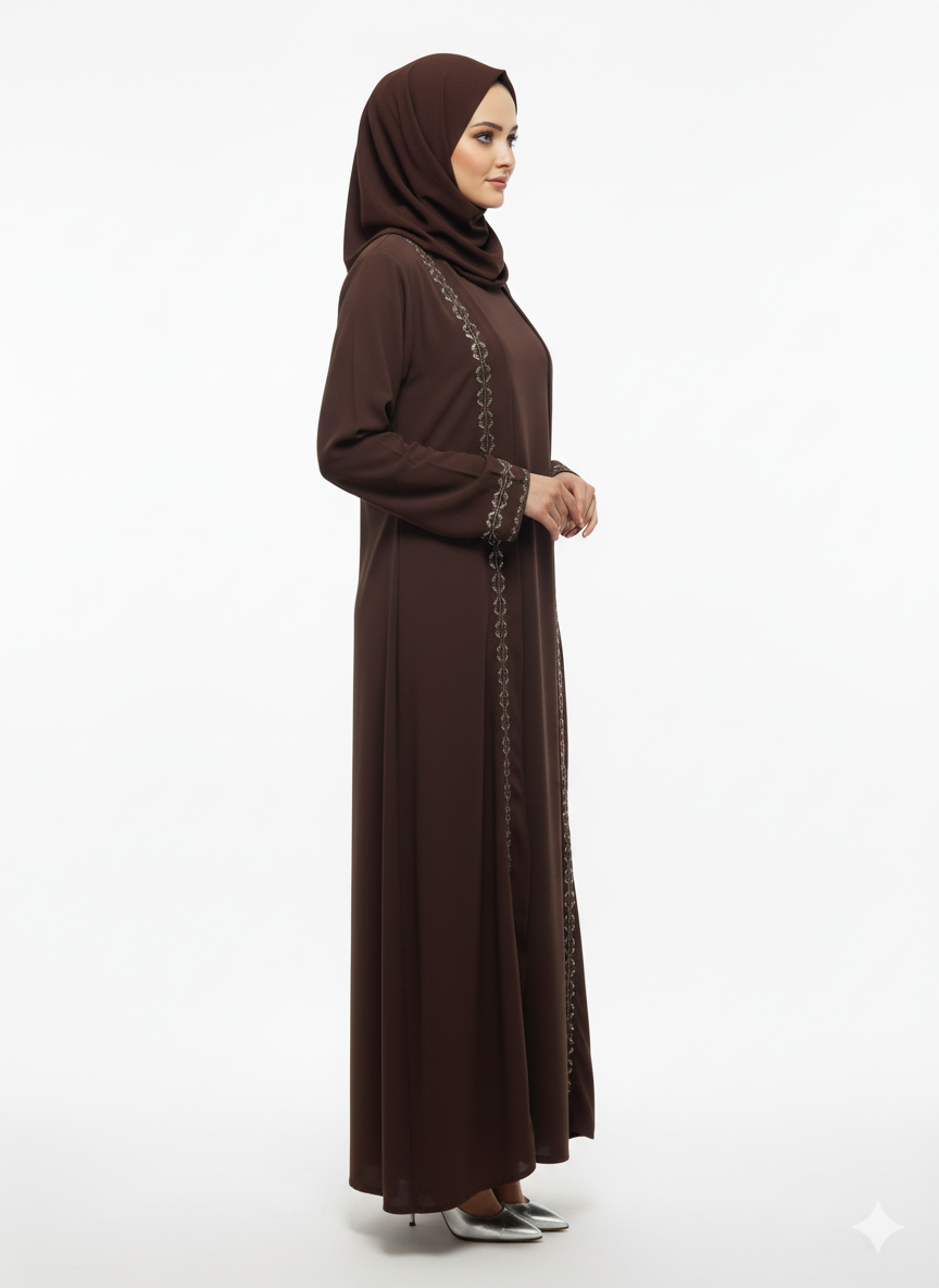 Cocoa Brown Chiffon & Satin Abaya | Glamoura X Slim-Fit A-Line | Artisan Vertical Embellishment Modest Dress