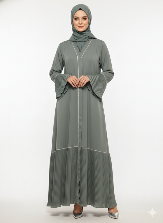 Glamoura X Sage Green Abaya | Accordion Pleated Flared Cuffs & Hem | Silver Piped V-Neck | Modern Textural Modesty