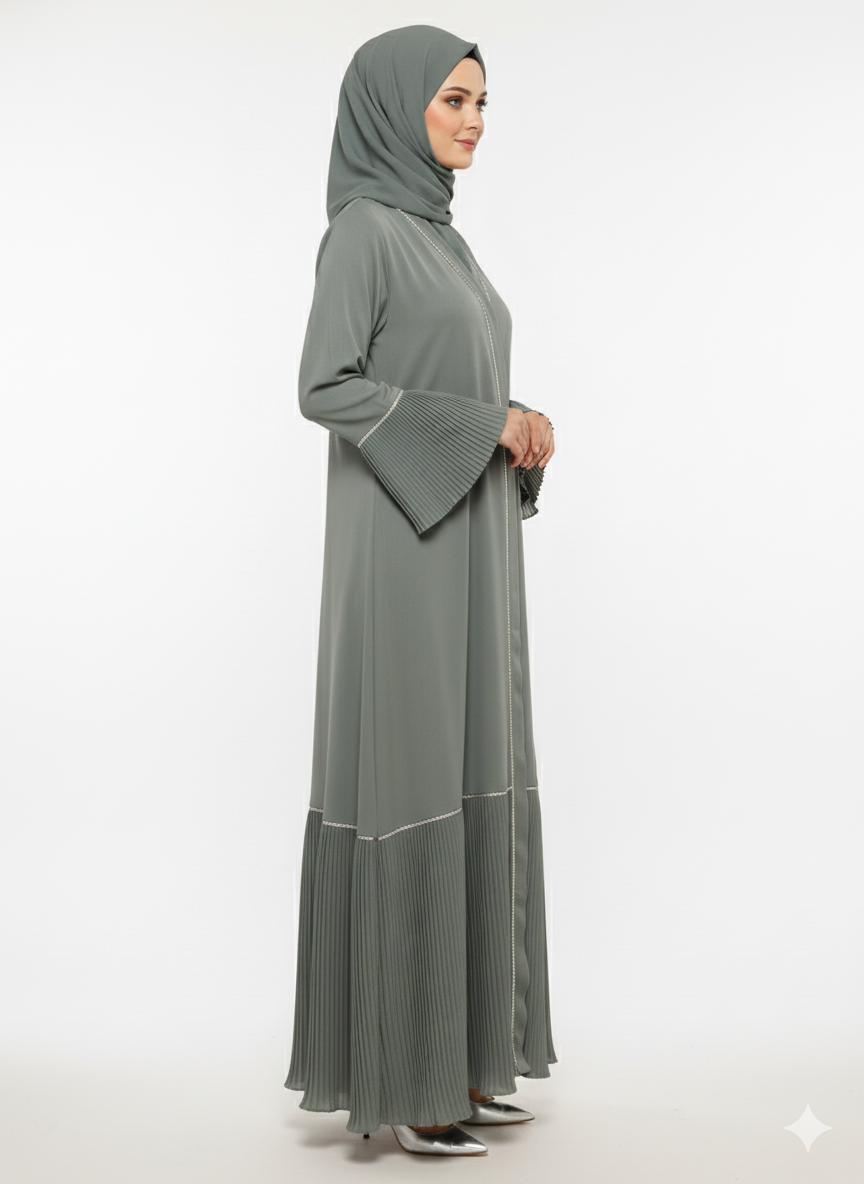 Glamoura X Sage Green Abaya | Accordion Pleated Flared Cuffs & Hem | Silver Piped V-Neck | Modern Textural Modesty