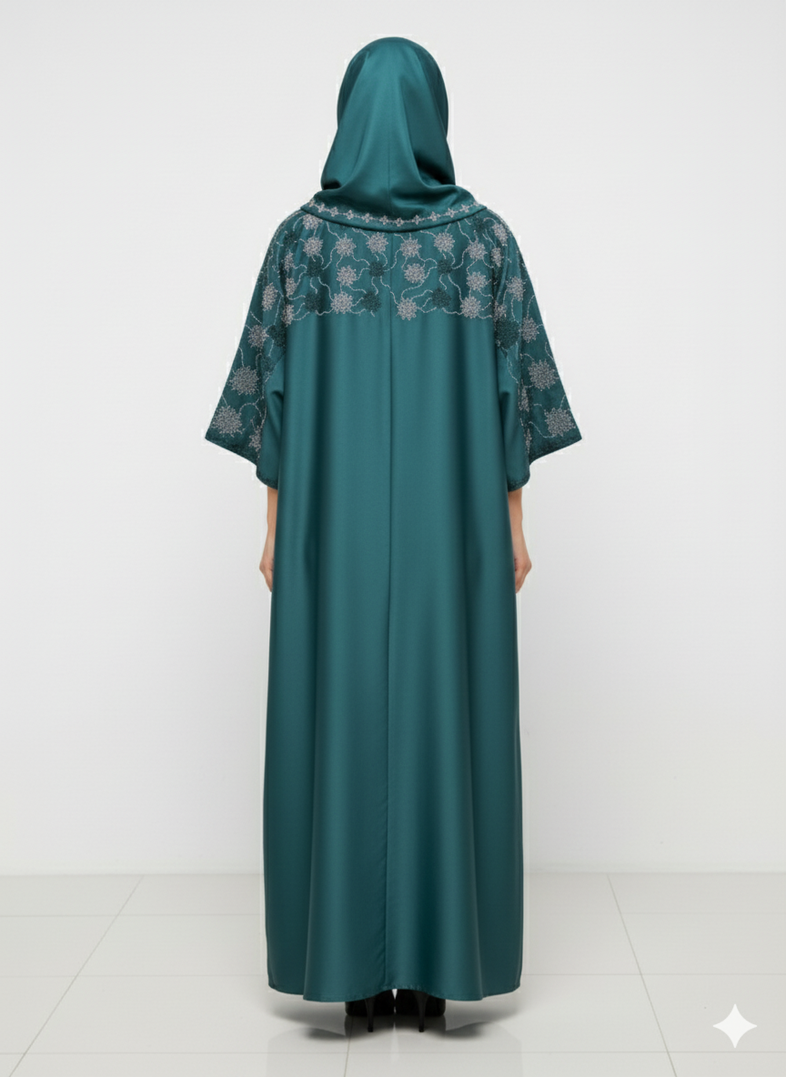 Glamoura X Deep Emerald Green Abaya | Intricate Floral Silver Embellishment | Batwing Silhouette | Luxury Occasion Wear