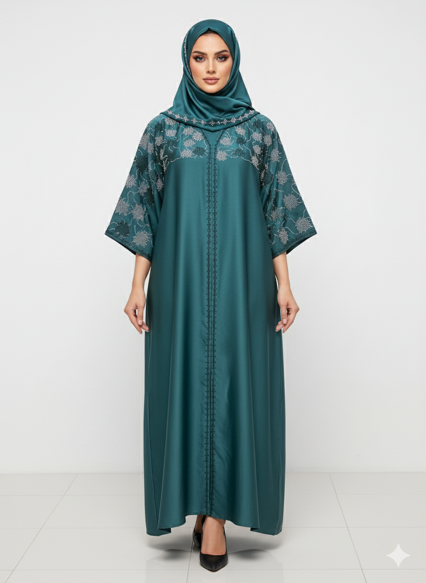 Glamoura X Deep Emerald Green Abaya | Intricate Floral Silver Embellishment | Batwing Silhouette | Luxury Occasion Wear