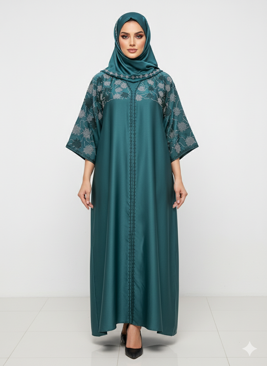 Glamoura X Deep Emerald Green Abaya | Intricate Floral Silver Embellishment | Batwing Silhouette | Luxury Occasion Wear