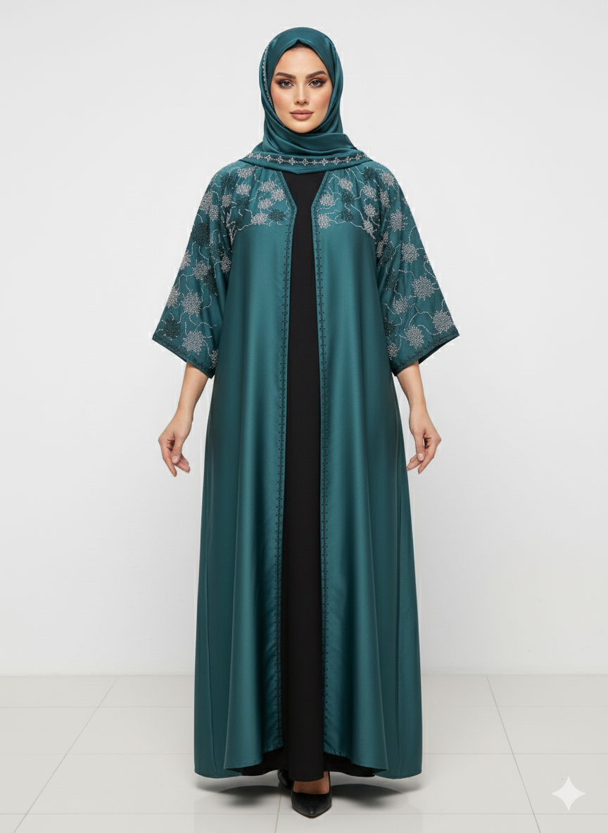 Glamoura X Deep Emerald Green Abaya | Intricate Floral Silver Embellishment | Batwing Silhouette | Luxury Occasion Wear