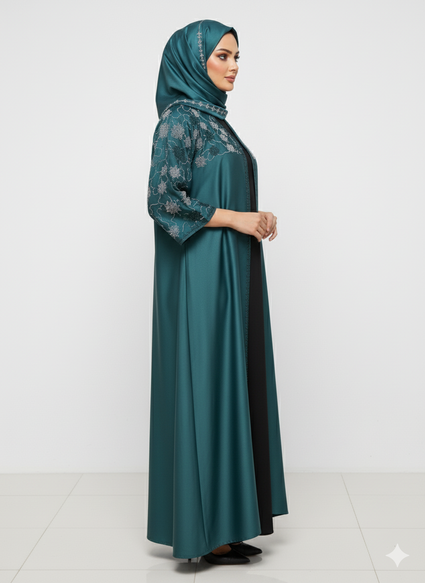 Glamoura X Deep Emerald Green Abaya | Intricate Floral Silver Embellishment | Batwing Silhouette | Luxury Occasion Wear