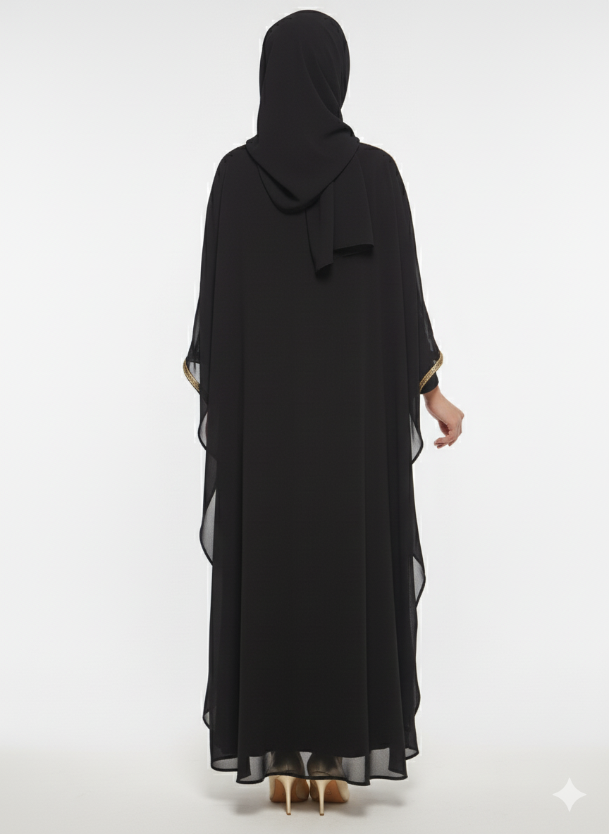 Glamoura X Black Chiffon Butterfly Abaya | Opulent Gold Floral Embroidery | Flowing Kaftan Silhouette | Luxury Occasion Wear