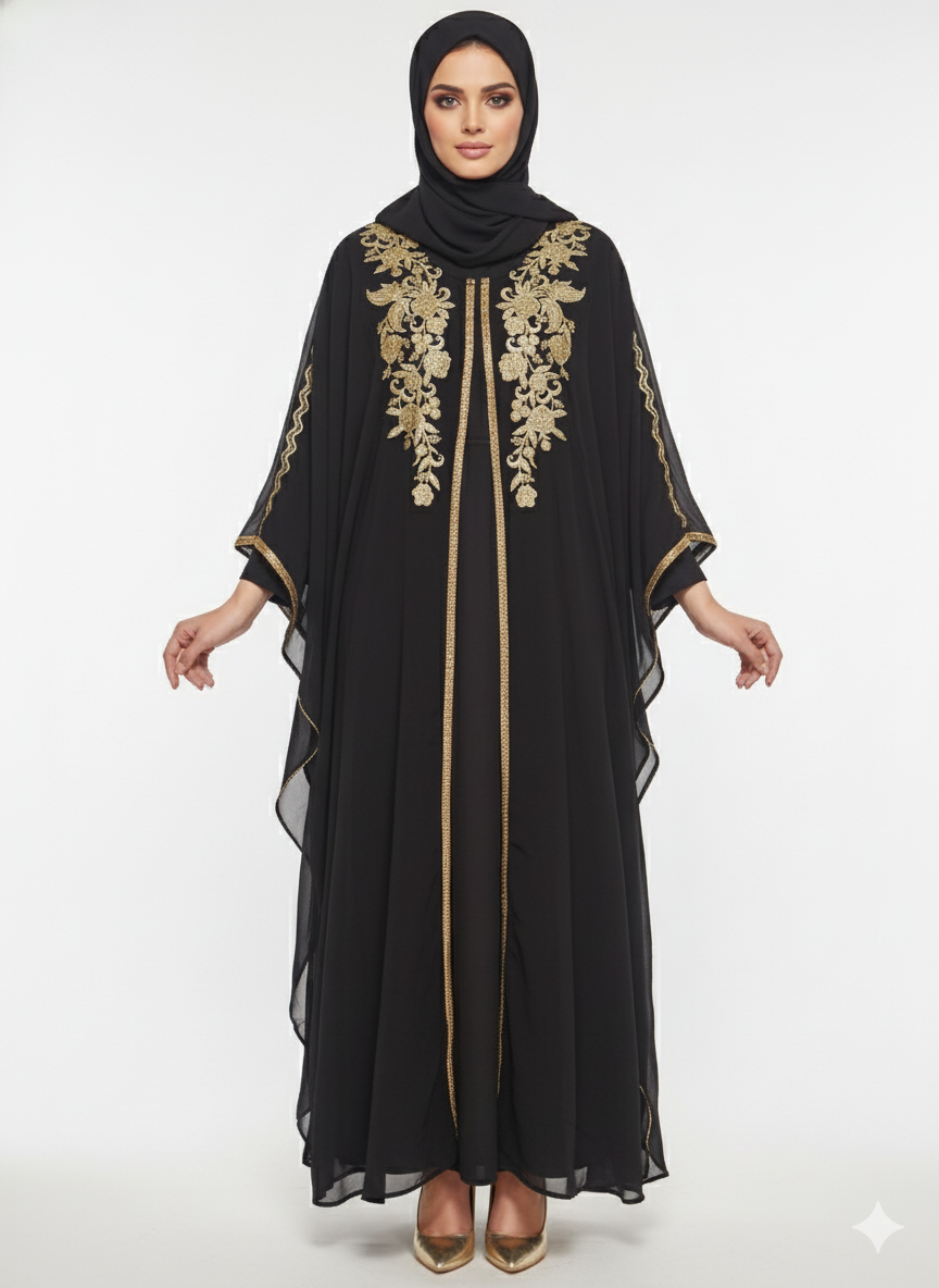 Glamoura X Black Chiffon Butterfly Abaya | Opulent Gold Floral Embroidery | Flowing Kaftan Silhouette | Luxury Occasion Wear