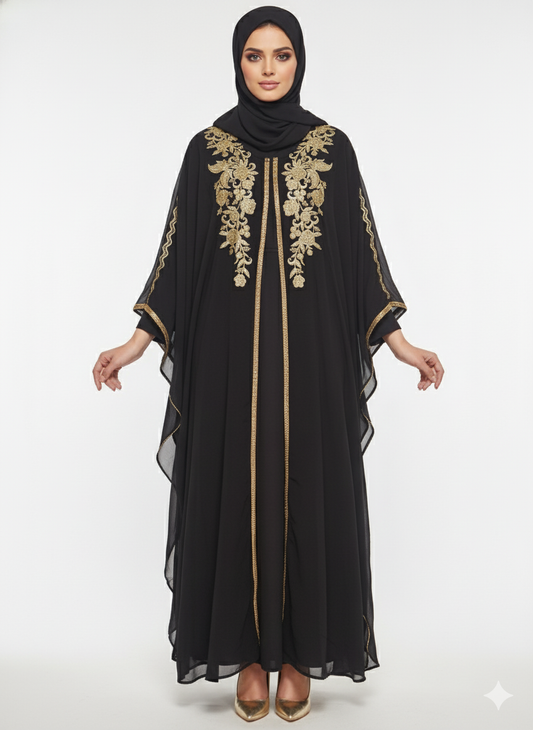Glamoura X Black Chiffon Butterfly Abaya | Opulent Gold Floral Embroidery | Flowing Kaftan Silhouette | Luxury Occasion Wear
