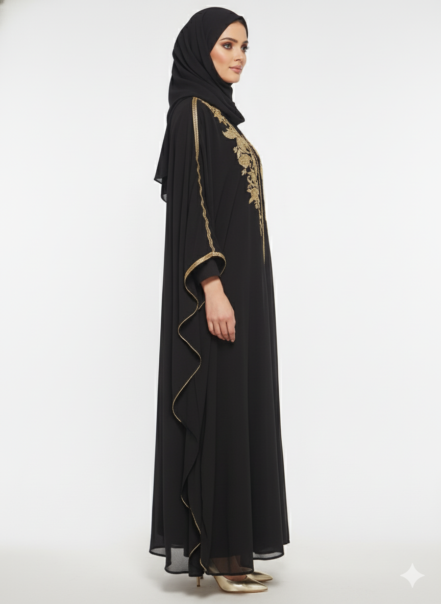 Glamoura X Black Chiffon Butterfly Abaya | Opulent Gold Floral Embroidery | Flowing Kaftan Silhouette | Luxury Occasion Wear