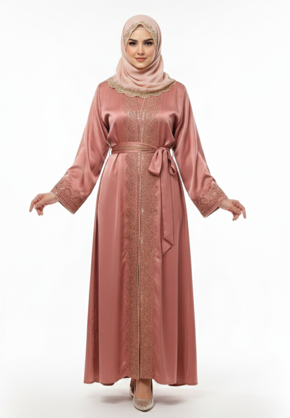 Glamoura X Dusty Rose Satin Abaya | Gold Scalloped Embellishment | Tie-Waist Kimono Silhouette | Luxury Bridal/Evening Wear