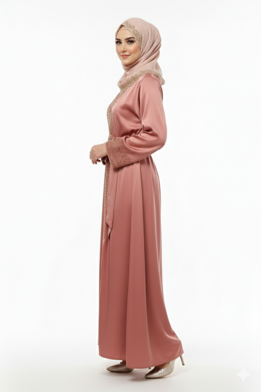 Glamoura X Dusty Rose Satin Abaya | Gold Scalloped Embellishment | Tie-Waist Kimono Silhouette | Luxury Bridal/Evening Wear