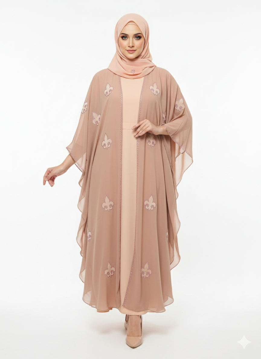 Glamoura X  Dusty Rose Chiffon Abaya | Fleur-de-lis Motif Embellishment | Flowing Butterfly Silhouette | Soft Pastel Occasion Wear