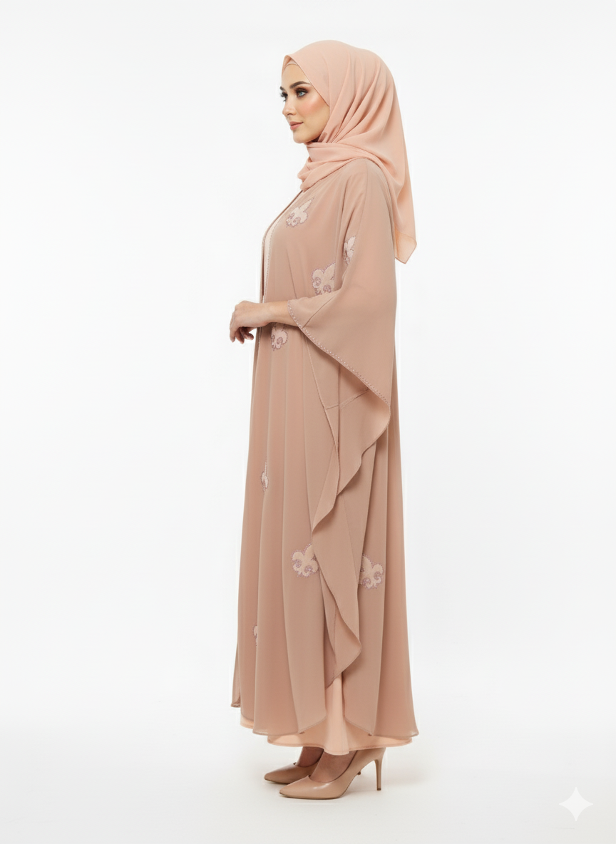 Glamoura X  Dusty Rose Chiffon Abaya | Fleur-de-lis Motif Embellishment | Flowing Butterfly Silhouette | Soft Pastel Occasion Wear