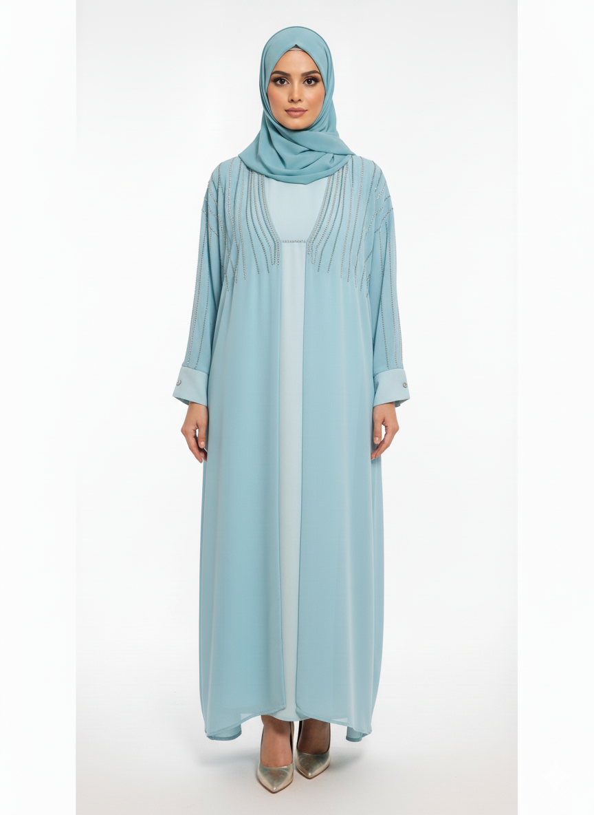 GLAMOURA X Aqua Blue Chiffon Abaya | Silver Sequin Embellished Yoke | Flowing Butterfly Silhouette | Ethereal Occasion Wear