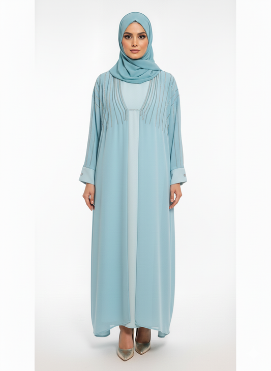 GLAMOURA X Aqua Blue Chiffon Abaya | Silver Sequin Embellished Yoke | Flowing Butterfly Silhouette | Ethereal Occasion Wear