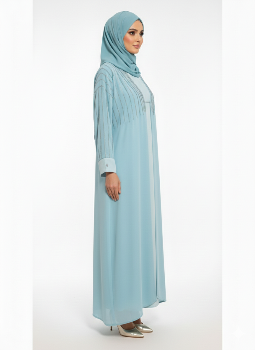 GLAMOURA X Aqua Blue Chiffon Abaya | Silver Sequin Embellished Yoke | Flowing Butterfly Silhouette | Ethereal Occasion Wear