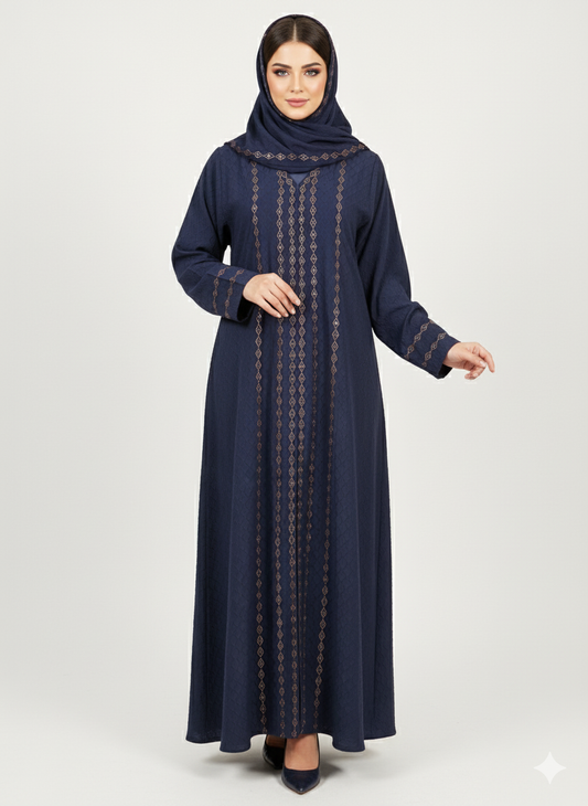 Glamoura X Navy Blue Textured Abaya | Bronze Geometric Embroidery | Full Coverage A-Line Silhouette | Modern Modesty Dress