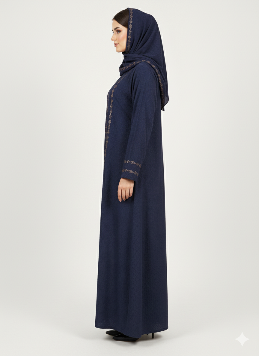 Glamoura X Navy Blue Textured Abaya | Bronze Geometric Embroidery | Full Coverage A-Line Silhouette | Modern Modesty Dress