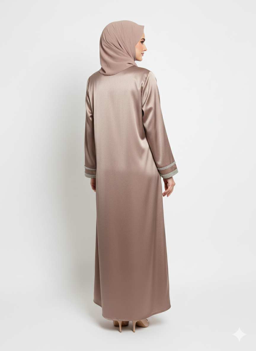 Glamoura X Taupe Satin Open Abaya | Lustrous Fabric with Silver Embellished Trim |Elegant Evening Modesty Wear