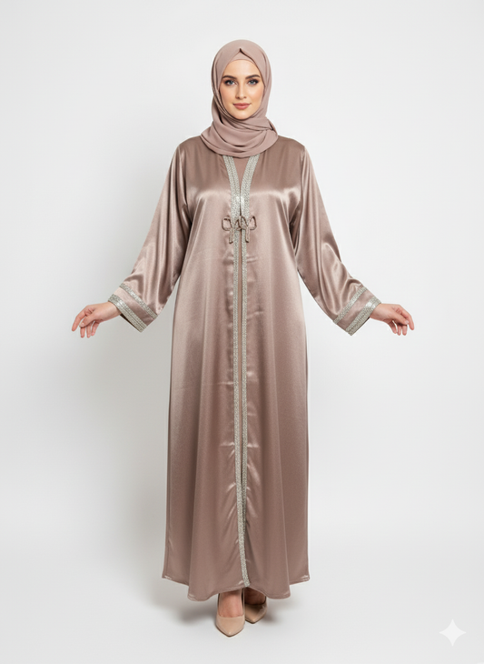 Glamoura X Taupe Satin Open Abaya | Lustrous Fabric with Silver Embellished Trim |Elegant Evening Modesty Wear