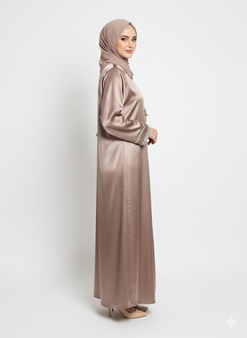 Glamoura X Taupe Satin Open Abaya | Lustrous Fabric with Silver Embellished Trim |Elegant Evening Modesty Wear