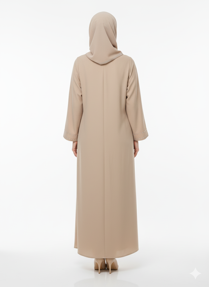 Premium Embroidered & Embellished Beige Modest Abaya | Black Floral & Silver Stitching | GLAMOURA X