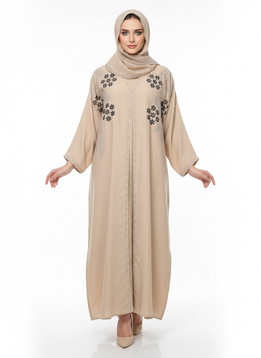 Premium Embroidered & Embellished Beige Modest Abaya | Black Floral & Silver Stitching | GLAMOURA X