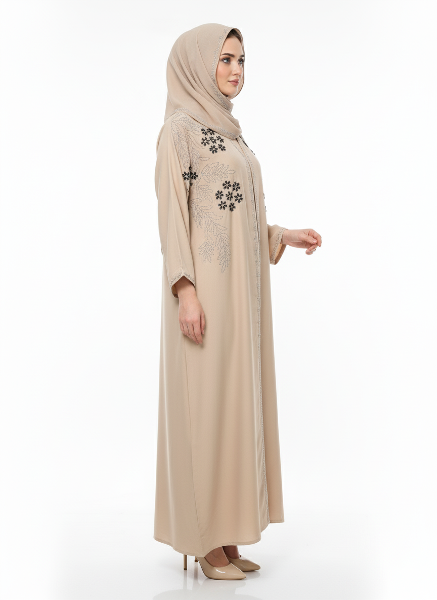 Premium Embroidered & Embellished Beige Modest Abaya | Black Floral & Silver Stitching | GLAMOURA X