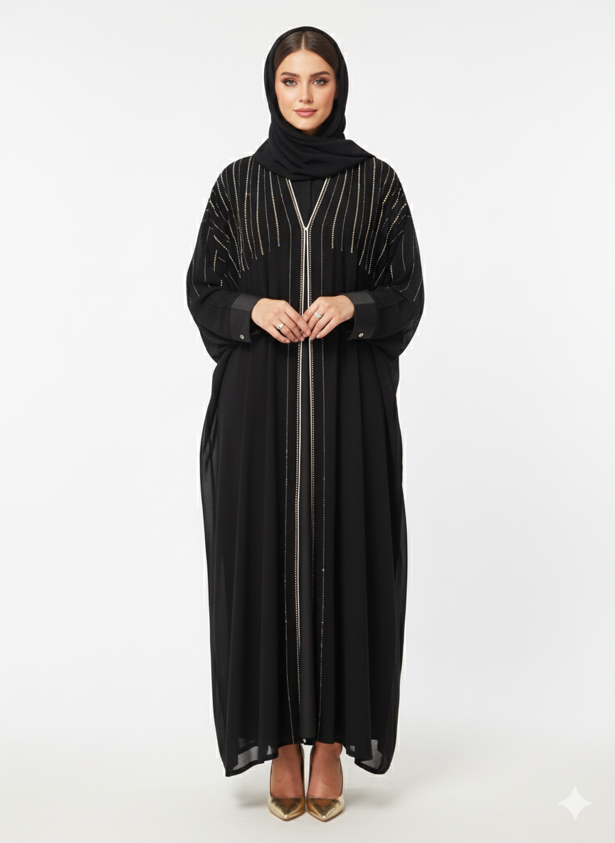 Glamoura X  Black Open Abaya | Vertical Beaded Embellishment | Voluminous Batwing Sleeve Cut | Luxury Evening Modest Wear