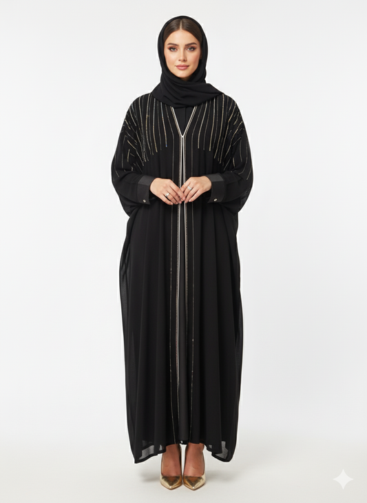 Glamoura X  Black Open Abaya | Vertical Beaded Embellishment | Voluminous Batwing Sleeve Cut | Luxury Evening Modest Wear