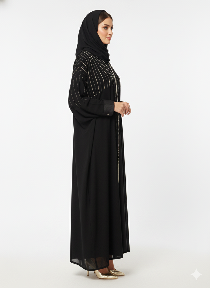 Glamoura X  Black Open Abaya | Vertical Beaded Embellishment | Voluminous Batwing Sleeve Cut | Luxury Evening Modest Wear