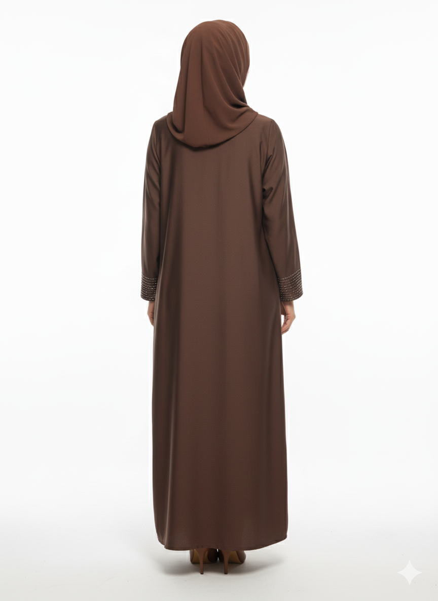 Glamoura X Mocha Brown Closed Abaya | Silver Geometric Thread Embellishment | A-Line Silhouette & Fitted Sleeve Cuffs