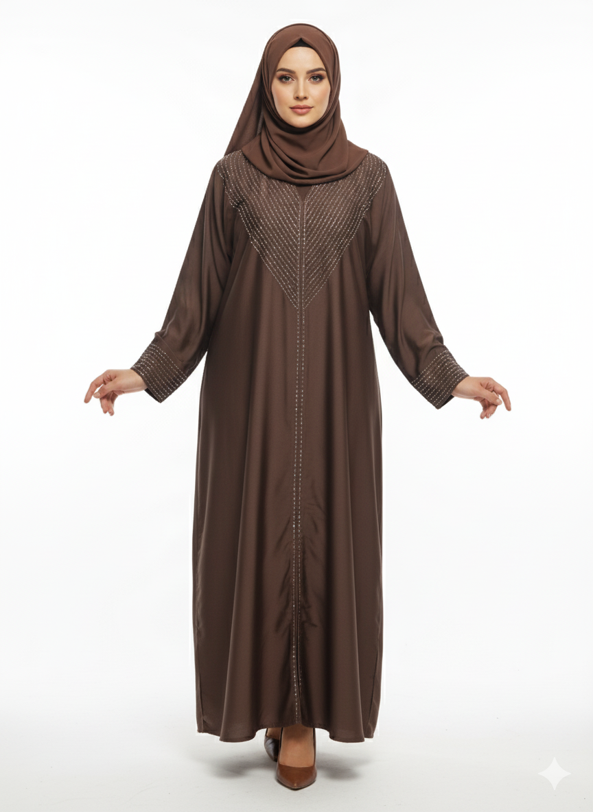 Glamoura X Mocha Brown Closed Abaya | Silver Geometric Thread Embellishment | A-Line Silhouette & Fitted Sleeve Cuffs