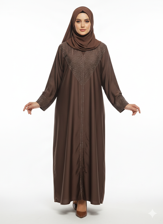 Glamoura X Mocha Brown Closed Abaya | Silver Geometric Thread Embellishment | A-Line Silhouette & Fitted Sleeve Cuffs