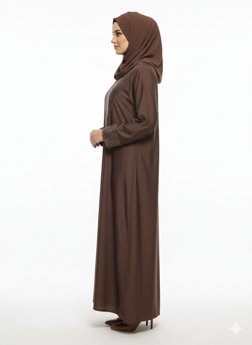 Glamoura X Mocha Brown Closed Abaya | Silver Geometric Thread Embellishment | A-Line Silhouette & Fitted Sleeve Cuffs