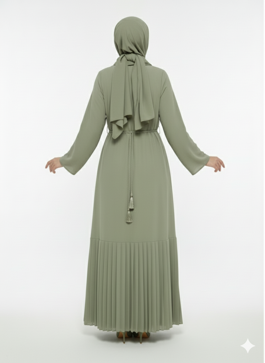 Glamoura X Pistachio Green Abaya | Bronze Embroidery | Micro-Pleat Side Panels | Nida/Crepe Modesty Wear