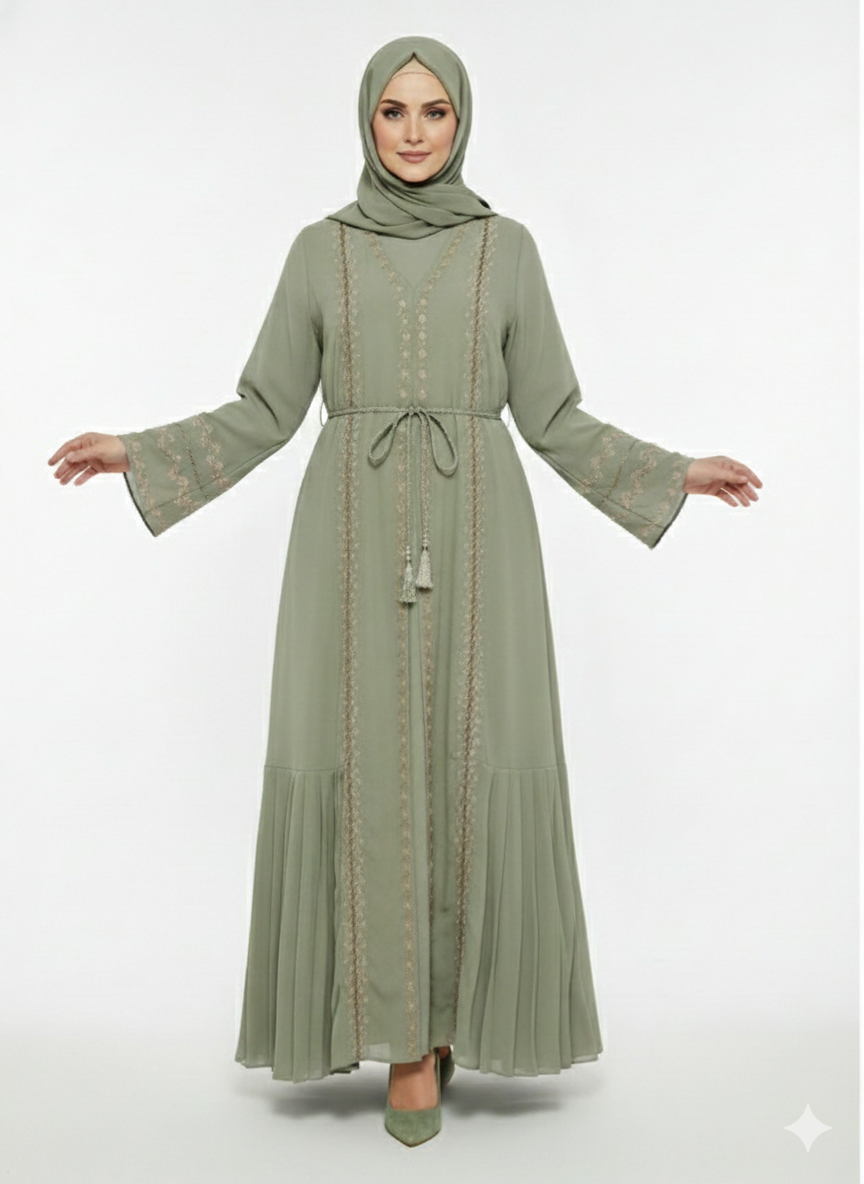 Glamoura X Pistachio Green Abaya | Bronze Embroidery | Micro-Pleat Side Panels | Nida/Crepe Modesty Wear