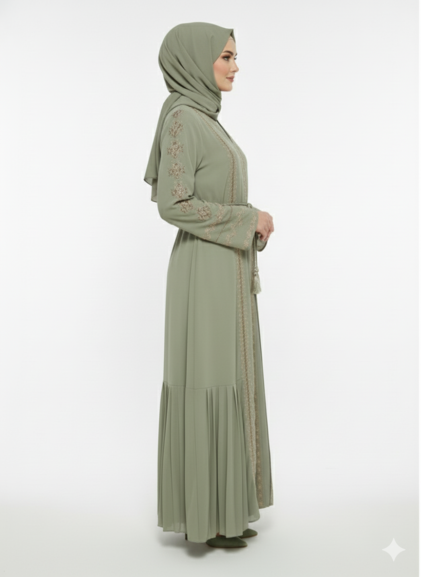 Glamoura X Pistachio Green Abaya | Bronze Embroidery | Micro-Pleat Side Panels | Nida/Crepe Modesty Wear