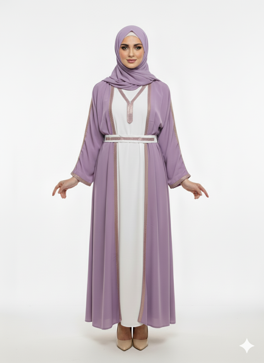 Glamoura X White Contrast Inner Panel | Rose-Gold Trim Detail & Tie-Belt | Pastel Luxury Modesty Wear