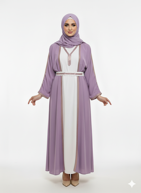 Glamoura X Lavender Open Jacket White Contrast Inner Panel | Rose-Gold Trim Detail & Tie-Belt | Pastel Luxury Modesty Wear