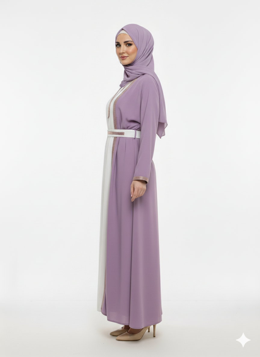 Glamoura X White Contrast Inner Panel | Rose-Gold Trim Detail & Tie-Belt | Pastel Luxury Modesty Wear