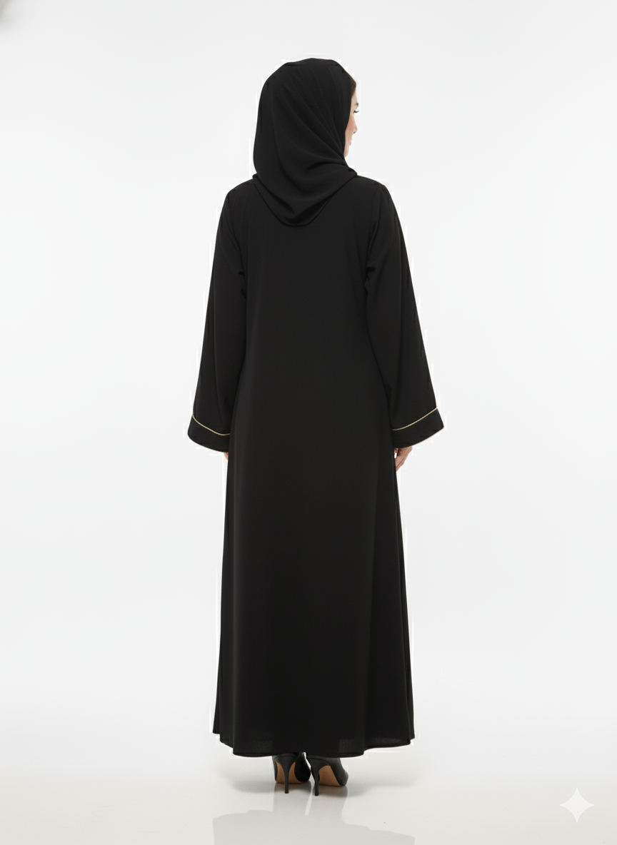 Glamoura X Black Tiered Jacket Abaya | Gold Piped Layered Flared Ruffle Hem Detail | High-Fashion Open Modesty Wear