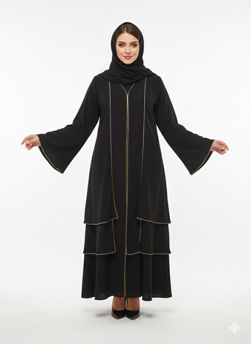 Glamoura X Black Tiered Jacket Abaya | Gold Piped Layered Flared Ruffle Hem Detail | High-Fashion Open Modesty Wear