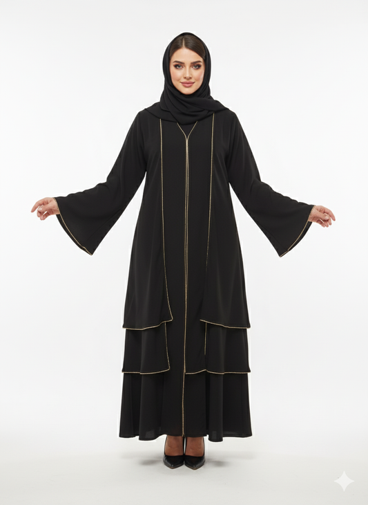 Glamoura X Black Tiered Jacket Abaya | Gold Piped Layered Flared Ruffle Hem Detail | High-Fashion Open Modesty Wear